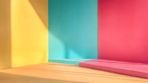 Sunlit trio of pastel walls staging a playful color dream.