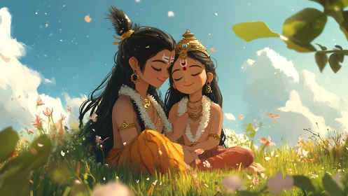 Two Divine Figures in Celestial Garden Setting.