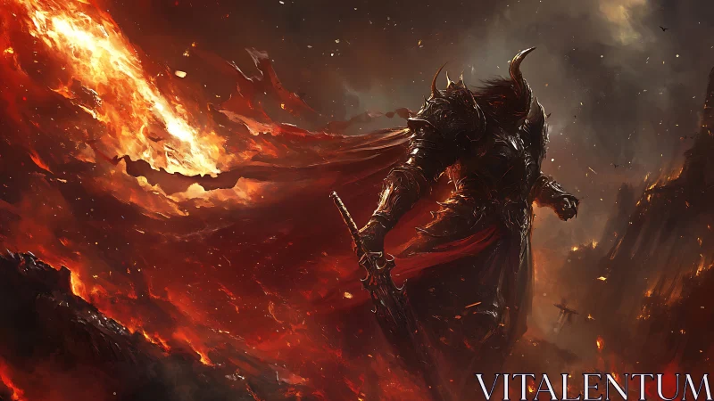 Armored demonic warlord dominates apocalyptic lava battlefield