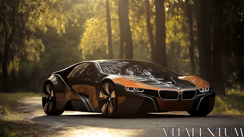 Sunlit forest lane crowns a futuristic orange-black supercar