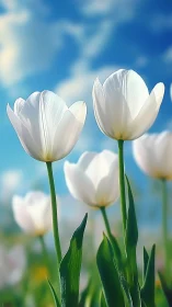 White Tulips Against Blue Sky With Clouds