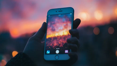 Pocket galaxy burns bright inside a phone at pastel sunset