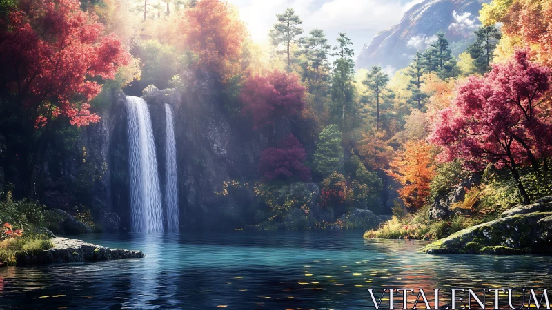 Twin cascade waterfall over turquoise pool in autumn forest