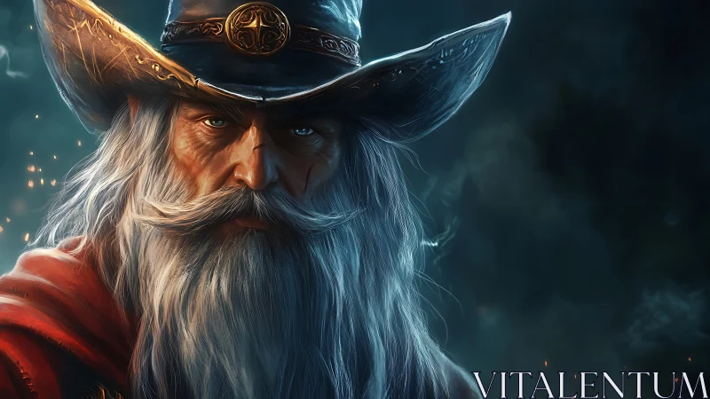 Weathered wizard portrait with hat, cloak, and sparks.