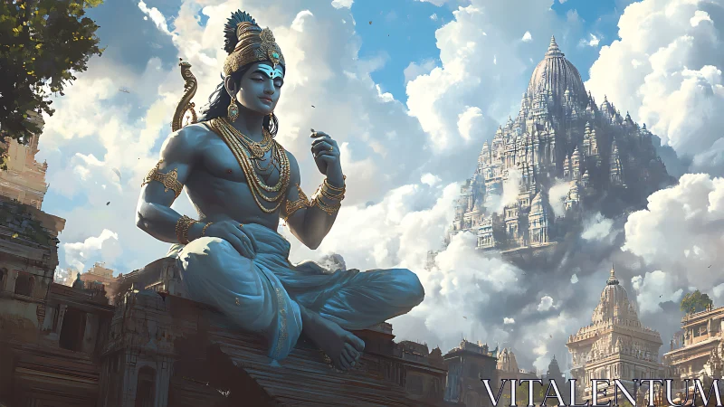 Celestial blue deity meditates above temples in radiant clouds