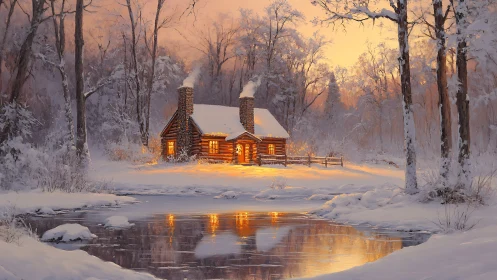 Snowy forest cabin glows warmly beside a frozen winter pond