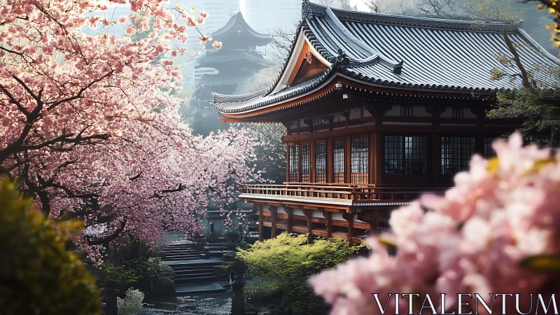 Traditional Japanese temple framed by dense cherry blossoms.