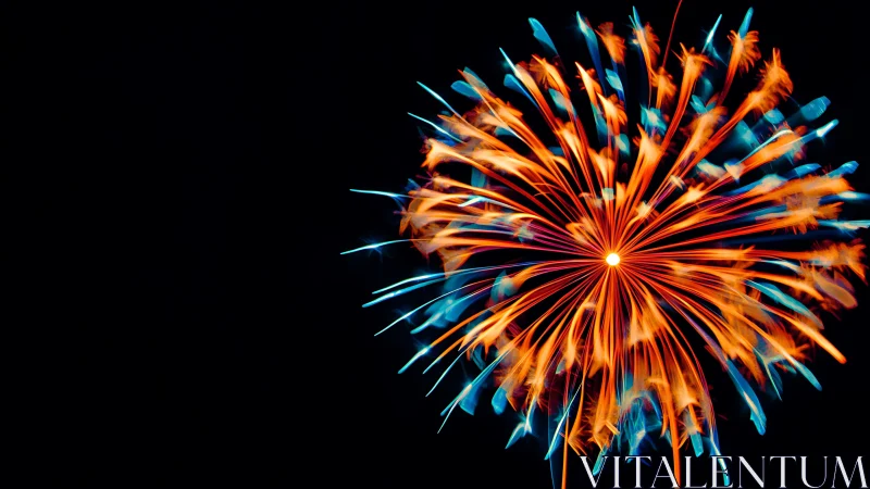 Photorealistic radial fireworks burst on deep black field.