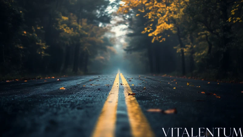Glistening autumn road lines vanishing into forest mist.