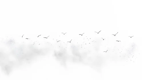 Minimalist seagull formation intersects diffuse atmospheric haze