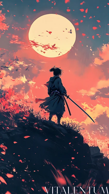 Samurai silhouette studies chromatic contrast under oversized moon