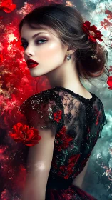 Elegant woman in red floral lace dress with dramatic gaze.