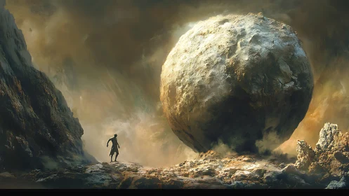 Wanderer Confronts Cosmic Boulder in Stormlit Expanse.