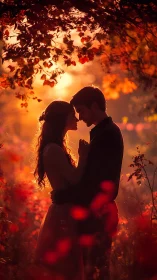 Silhouettes embrace beneath autumn's golden glow.