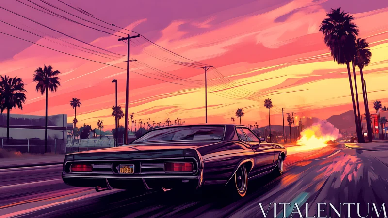 Muscle car streaks through neon sunset boulevard, vaporwave glow.