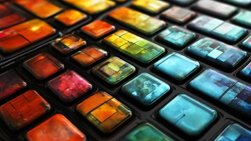 Colored glass tiles arranged in reflective grid pattern.