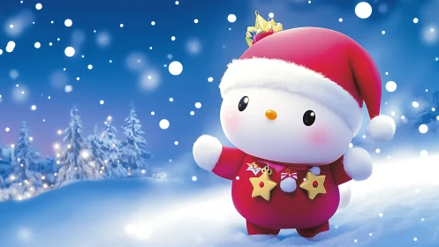 Cute winter mascot in red Santa suit on snowy hill.