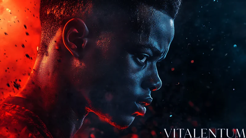 Focused glow between fire and midnight blue resolve.