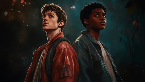 Cinematic digital portrait of two teens in moody night forest