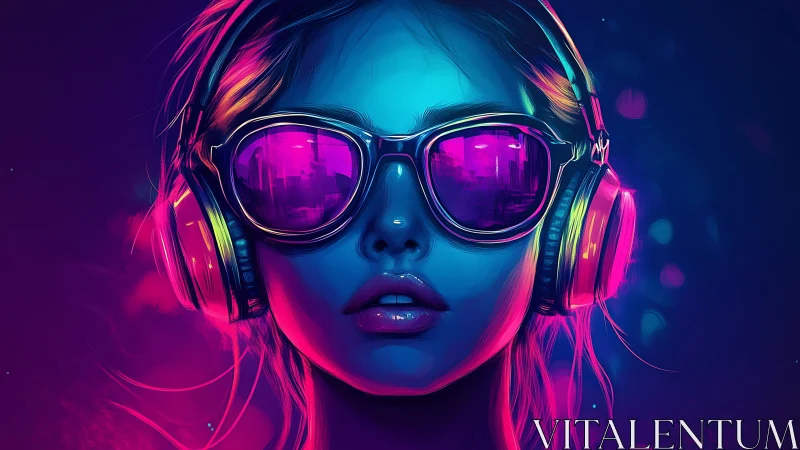 Neon lit female portrait with headphones and glasses.