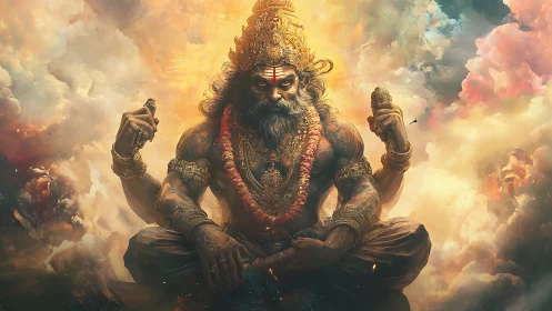 Mythic four-armed deity seated amid dense swirling clouds.