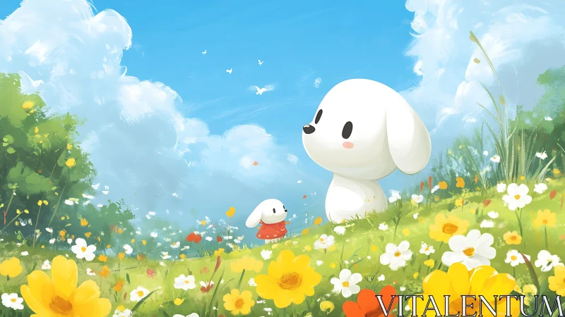 Puffy cloud pups trade quiet secrets in a blooming meadow