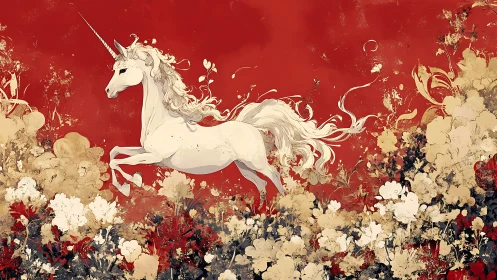 Mythic white unicorn leaping through florid crimson field.