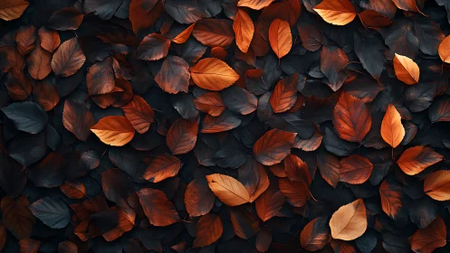 Overlapping autumn leaves form dense orange and dark pattern