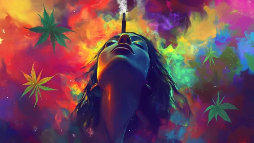 Psychedelic portrait with smoke and cannabis leaves overhead.