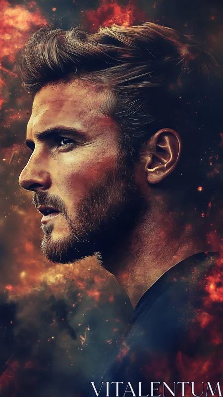 Stoic male profile framed by fiery cosmic nebulae.