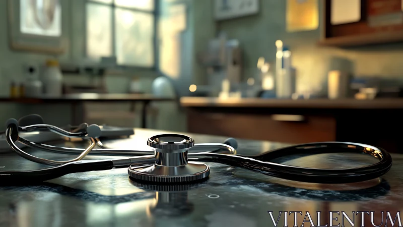 Clinician&rsquo;s stethoscope on reflective diagnostic workstation.