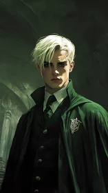 Brooding silver‑haired wizard in shadowed emerald halls.