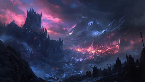 Burning dark citadel dominates storm-swept volcanic valley