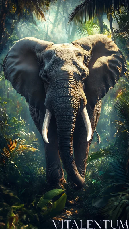 Solitary elephant standing on narrow jungle path in light.