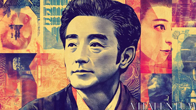 Vector-engraved portrait amid polychromatic collage matrices.