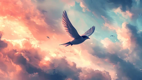 Seabird in midflight against diffuse pastel cloudscape.