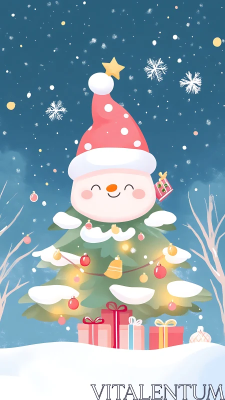 Cute snowman tree illustration with gifts in snow.