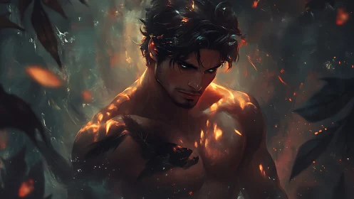 Brooding firelit guardian wrapped in embers and shadows.