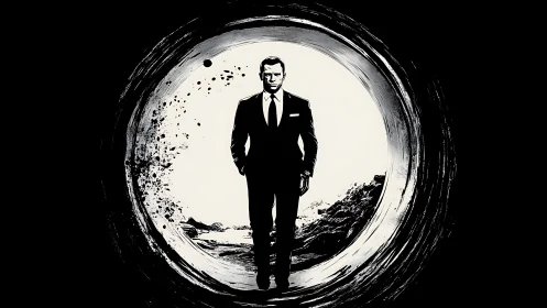 Monochrome suited figure framed in dynamic circular tunnel