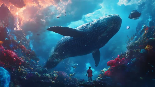 Dreamlike child and whale share a glowing undersea moment