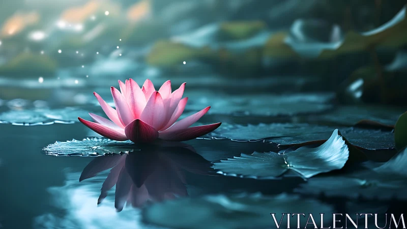 Pink lotus flower on calm water with dreamy soft light.