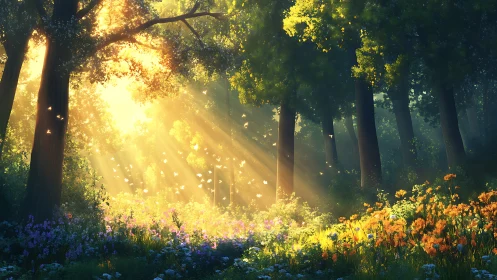 Sunlit forest glade with wildflowers and drifting fireflies.