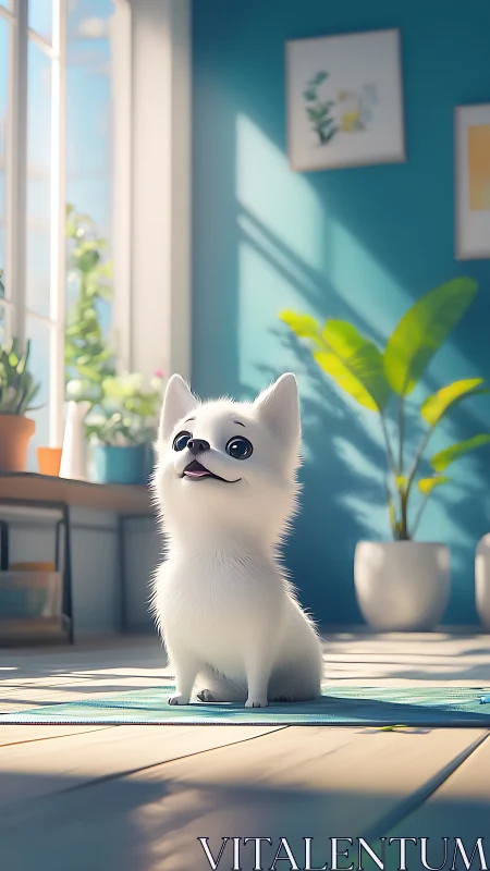 Bright-eyed white puppy on sunlit studio floor mat.