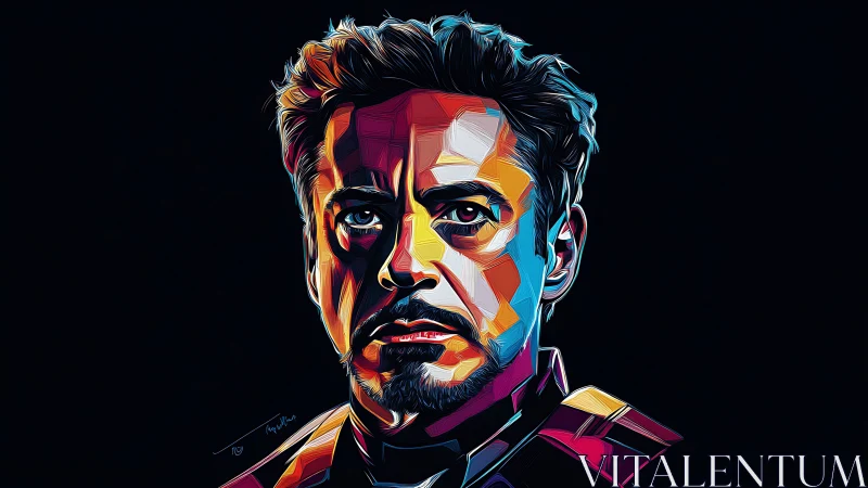 Geometric color portrait of a male figure on dark ground