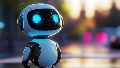 Curious little robot glowing softly in the evening light.