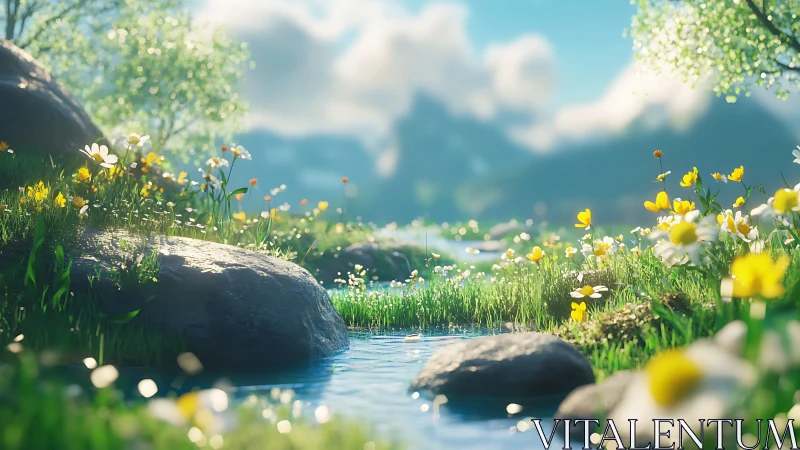 Sunlit wildflower creek in lush spring valley landscape.