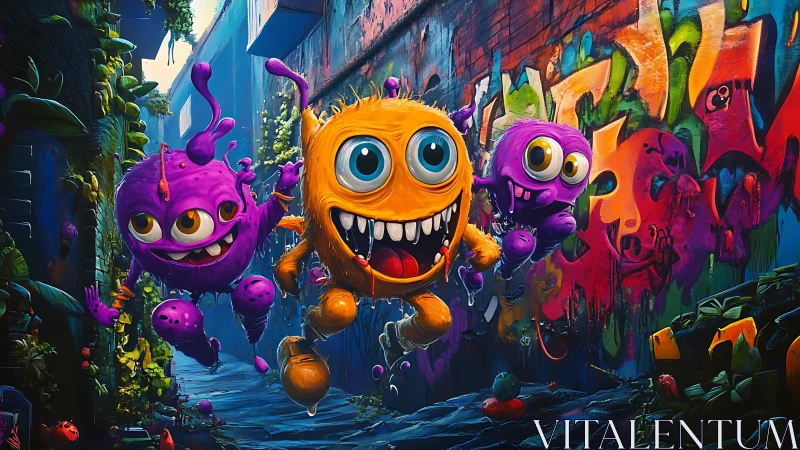 Colorful cartoon monsters in graffiti covered urban alley.