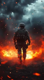 Lone soldier strides through fire beneath apocalyptic skies