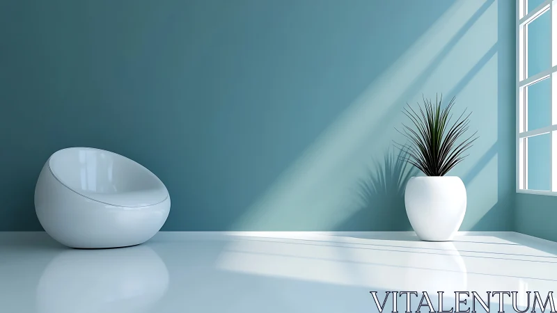 Minimalist teal interior with sculptural chair and plant accent.