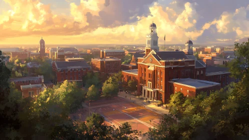 Golden hour academic campus skyline with neoclassical hall.